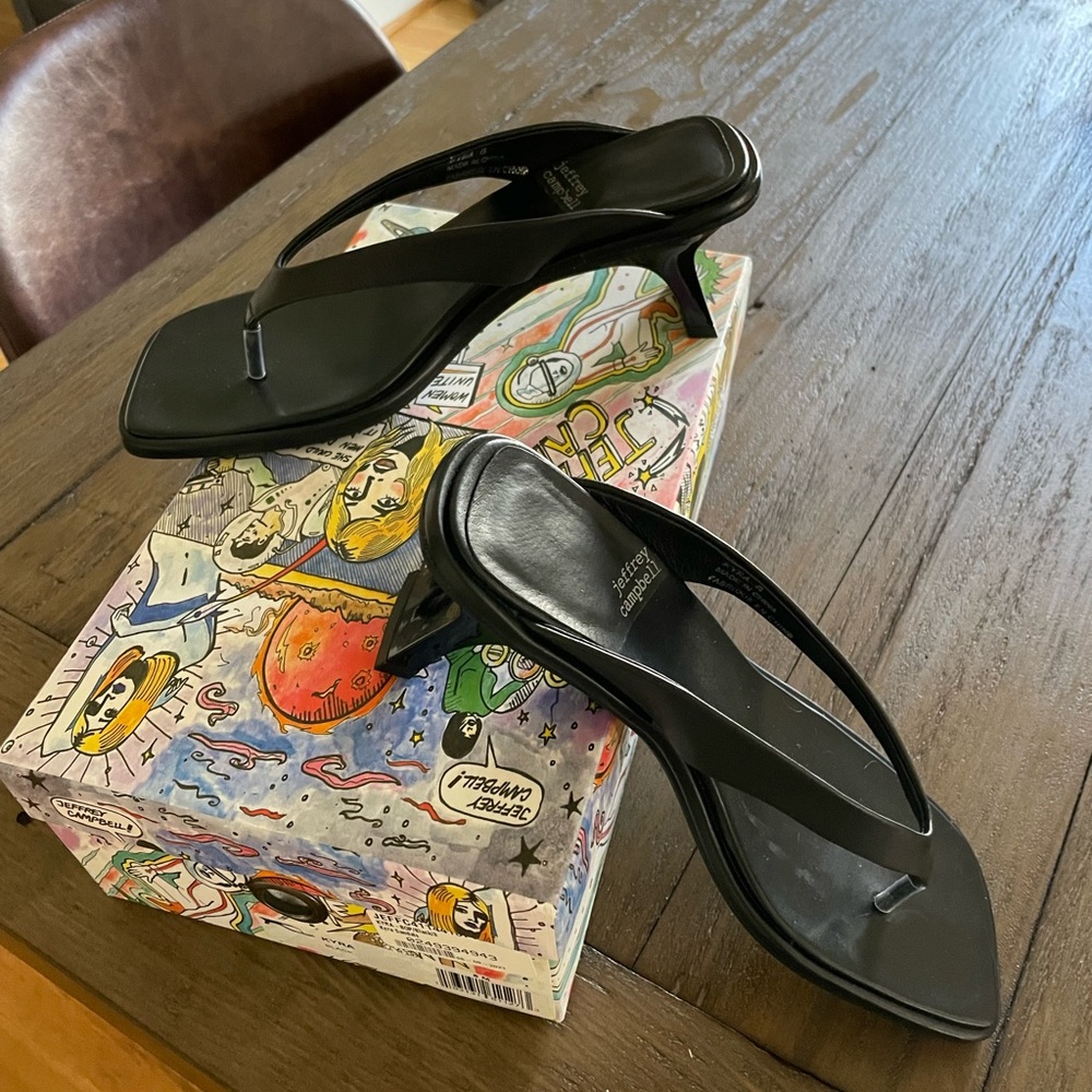 Jeffrey Campbell black flip flop kitten heels.